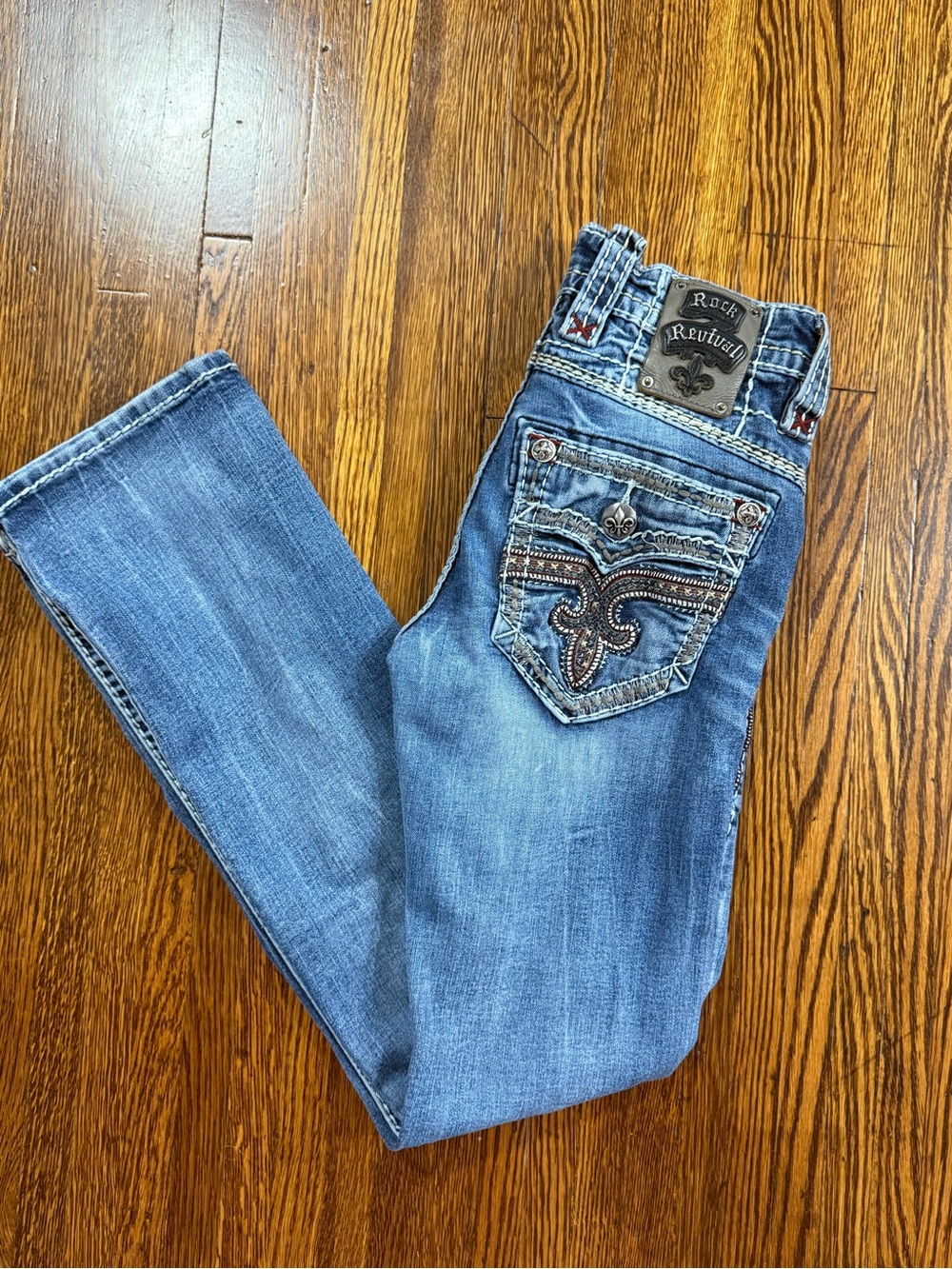 Rock Revival Jett Slim Bootcut Jeans 27 Embellished Flap Pocket Thick Stitch 31